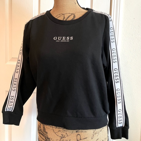 Guess logo sleeve black crew neck pullover sweater cotton blend women’s size M - Picture 1 of 13